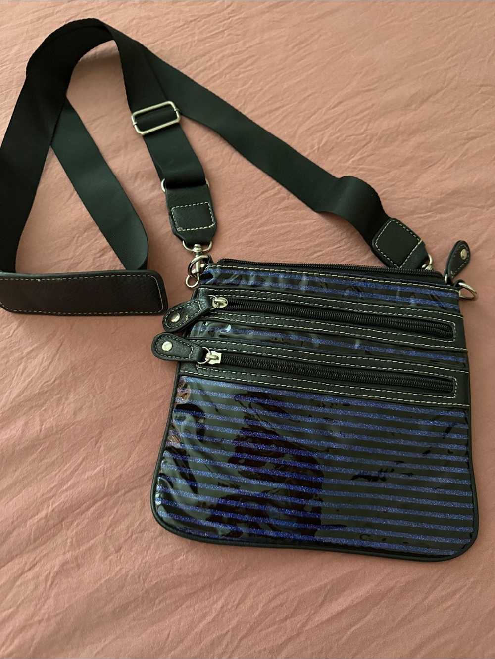 Women's Crossbody Bag in Black and Blue Stripe